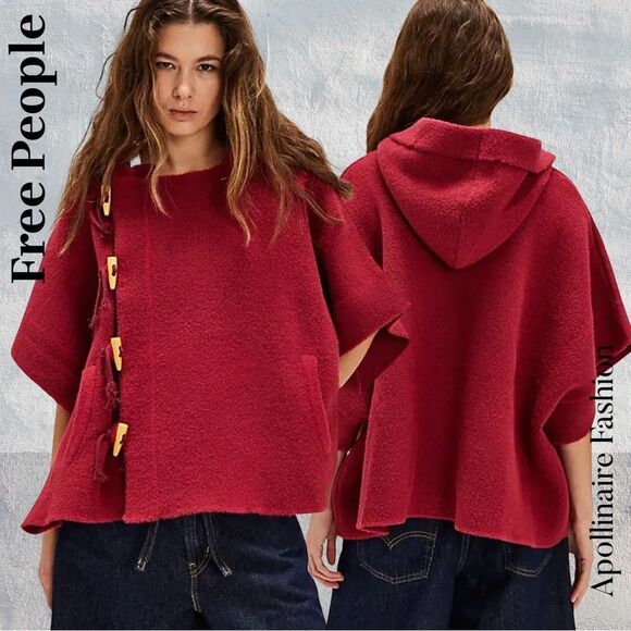 Free People Toggle Poncho In Wine Hooded OS one size - Picture 1 of 10